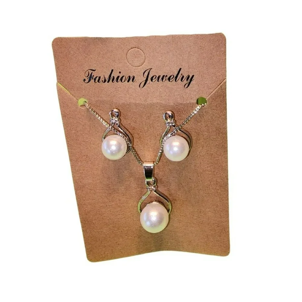 Silver-Tone Pearl Pendant Necklace & Matching Earrings Jewelry Set